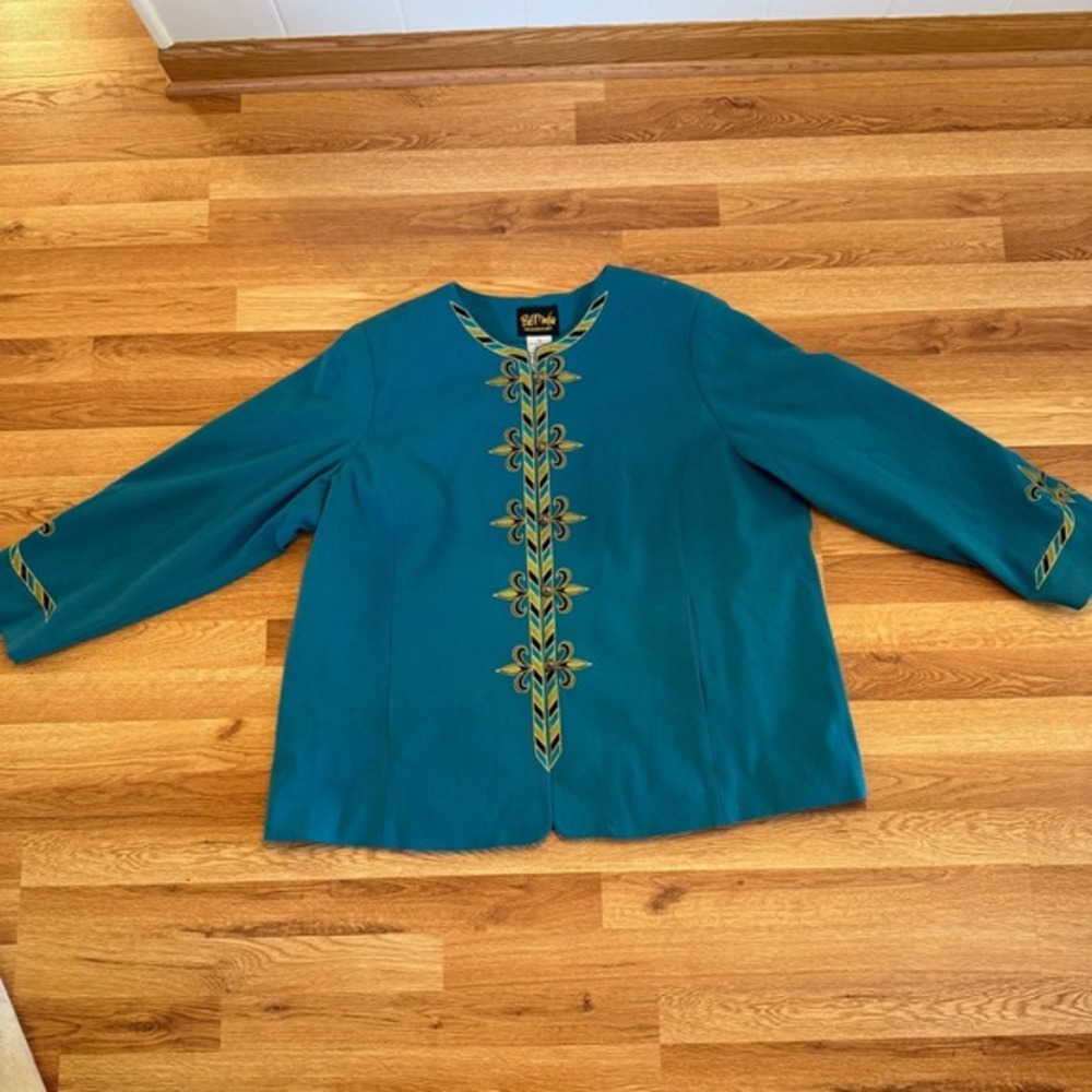Bob Mackie Wearable Art 2X Embroidered‎ Jacket Teal Gold Statement Coat VTG